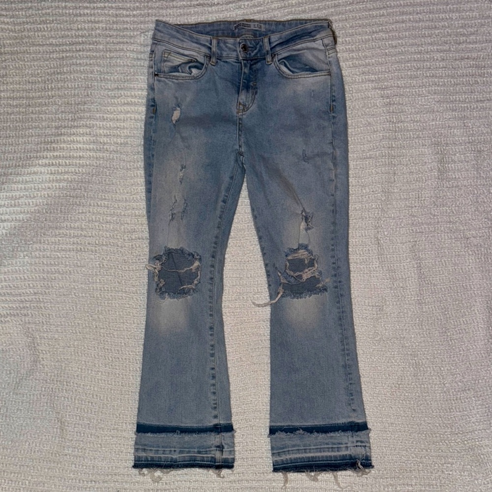 ZARA Basic Z1975 Distressed Crop Jeans w/ Raw Hem & Contrast Cuff - Size: 4